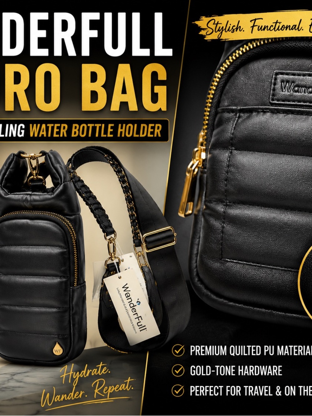 Wander Black Quilted PU Belt Bag with Gold Hardware - Picture 1 of 14